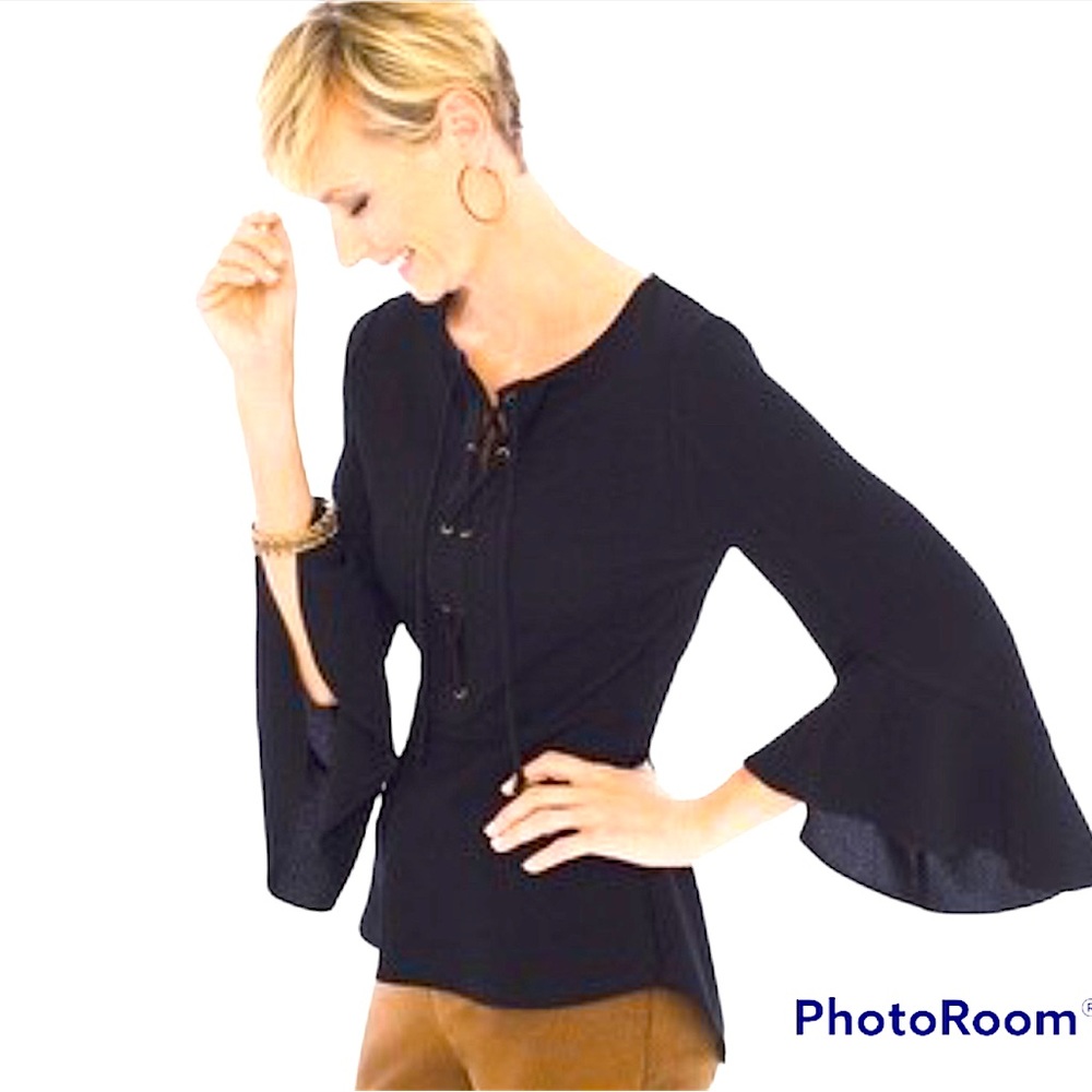 Chico’s Black Lace Up Flare Sleeve Blouse